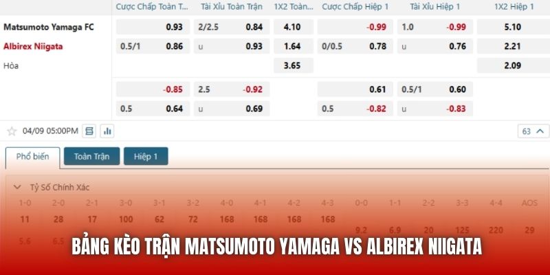 Bảng kèo trận Matsumoto Yamaga vs Albirex Niigata